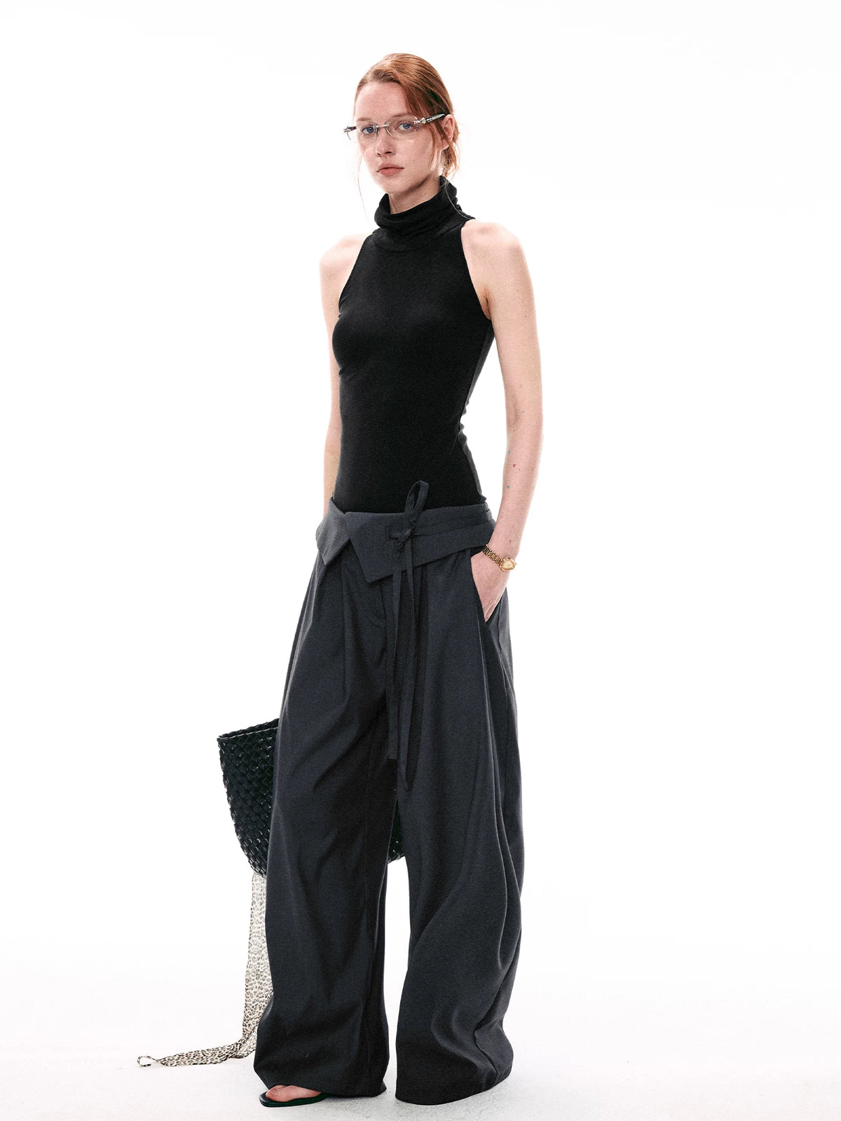 Foldover Tie-Waist Wide Trousers