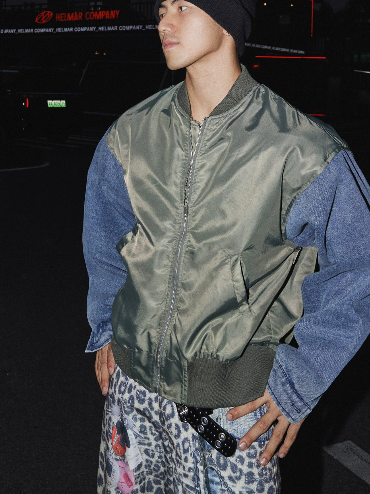 Two-Tone Denim Sleeve Bomber Jacket