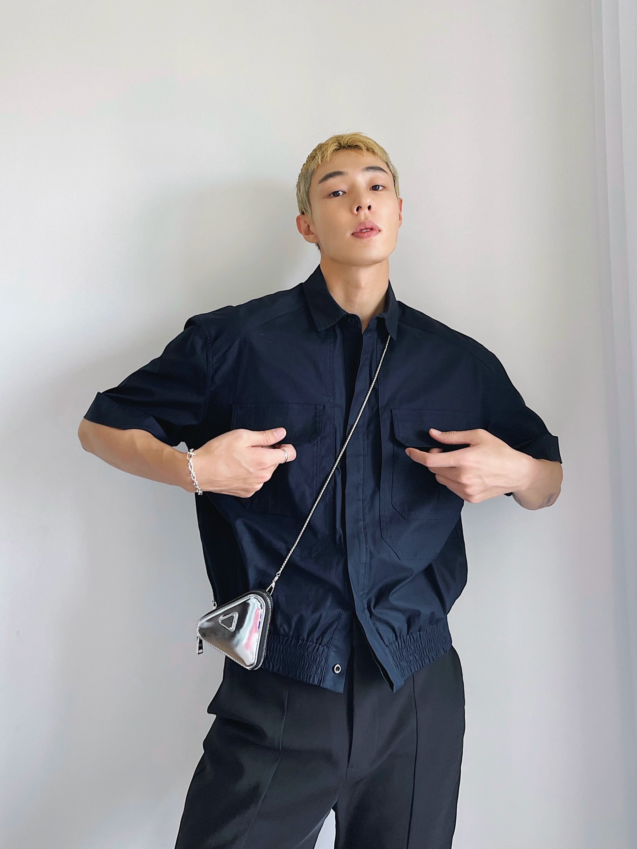 Navy Short Sleeve Zip Front Shirt