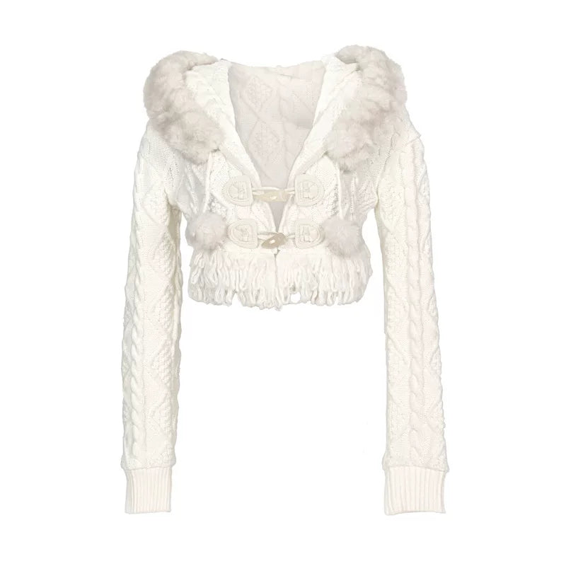 Ivory Fur-Trim Cable Knit Cropped Cardigan