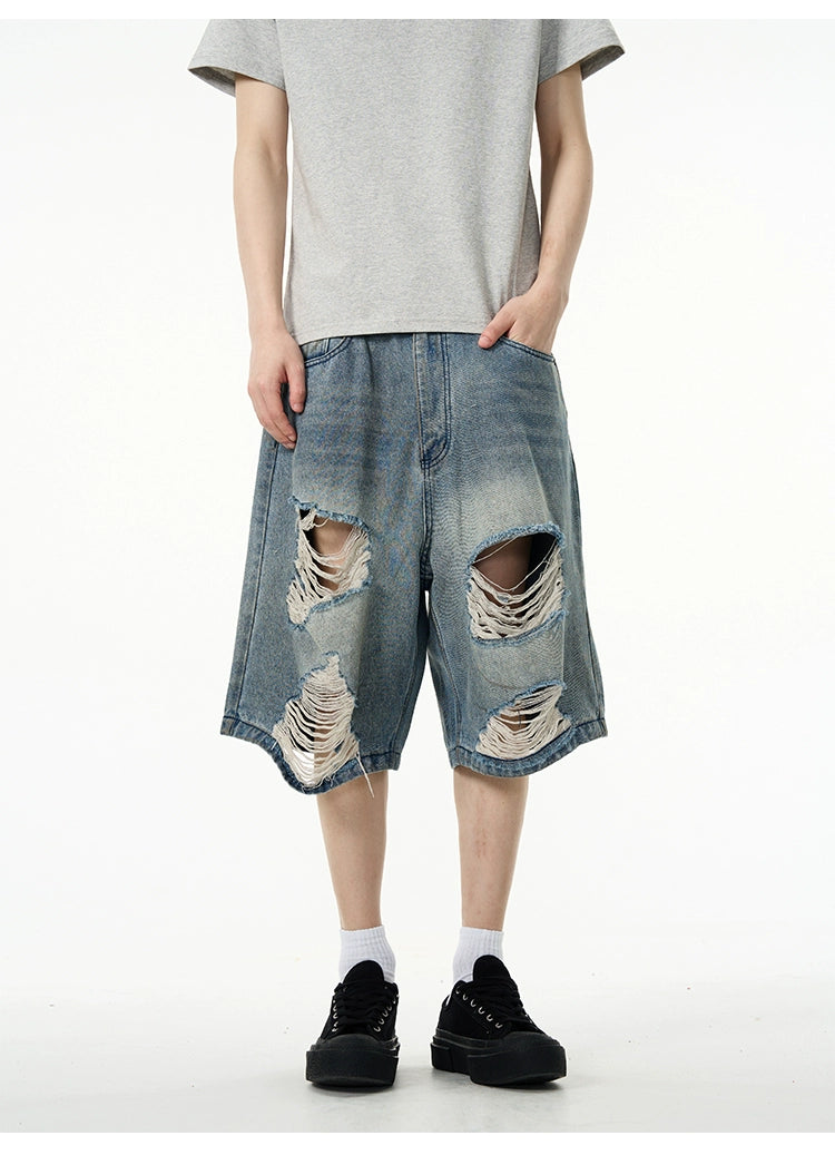 Distressed Ripped Denim Bermuda Shorts