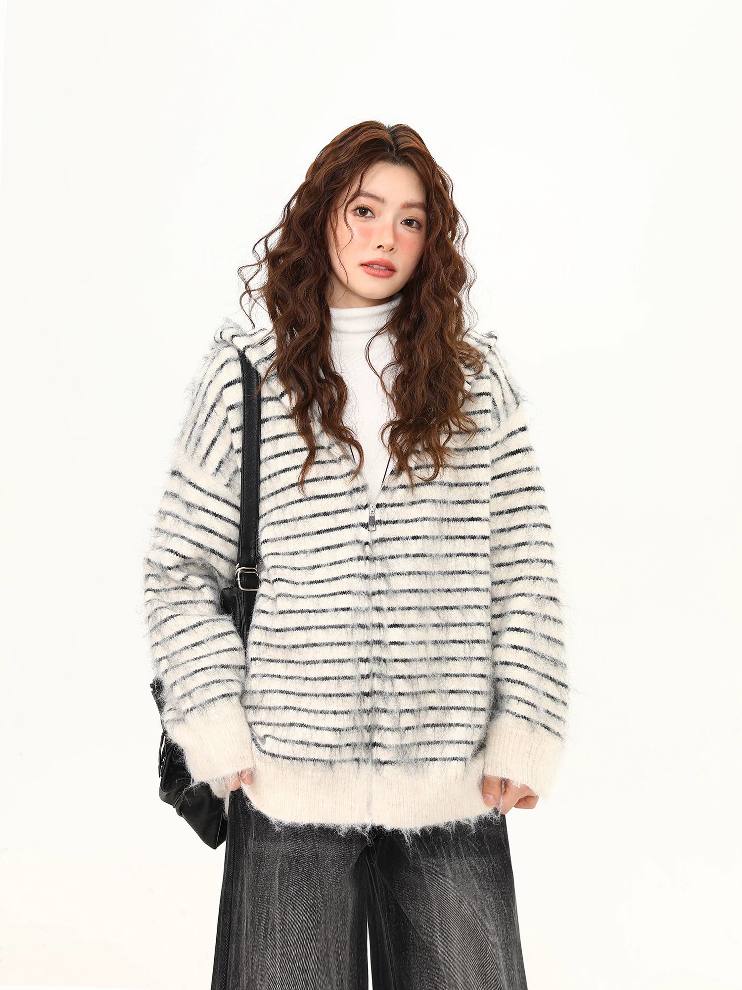 Frost Whisker Fuzzy Stripe Zip Cardigan