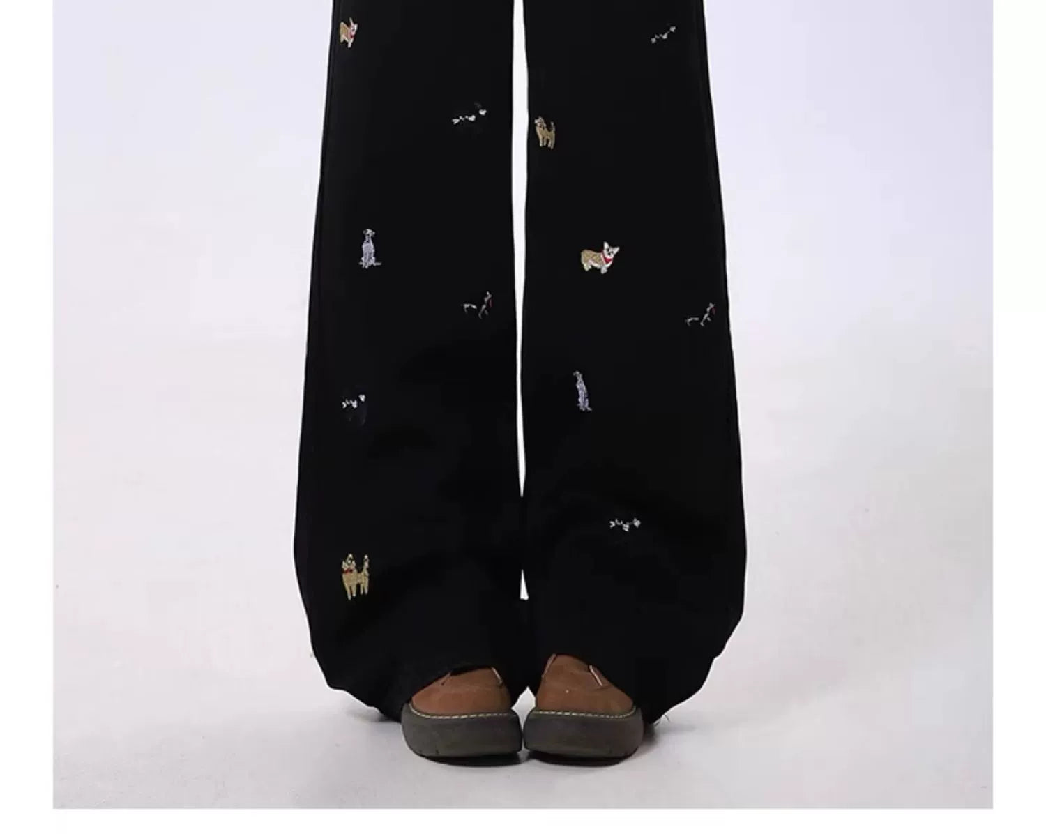 Wide Leg Pants with Dog Pattern Embroidery