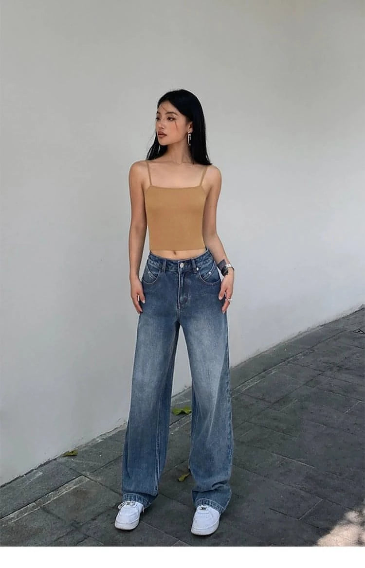 Summer Collection - Blue High-Waist Loose Wide-Leg Denim Jeans - chiclara