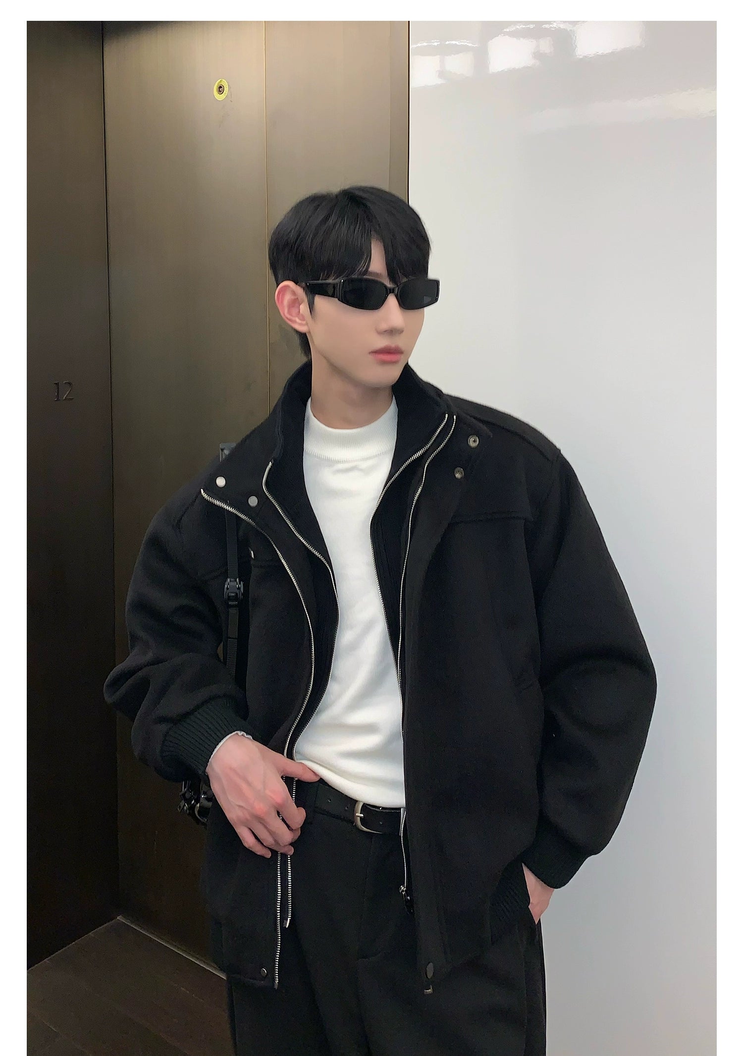 Bomber Jacket with Stand Collar and Ribbed Cuffs