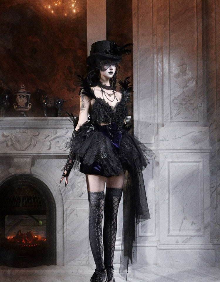 Gothic Black Swan Feather Tulle Corset Top