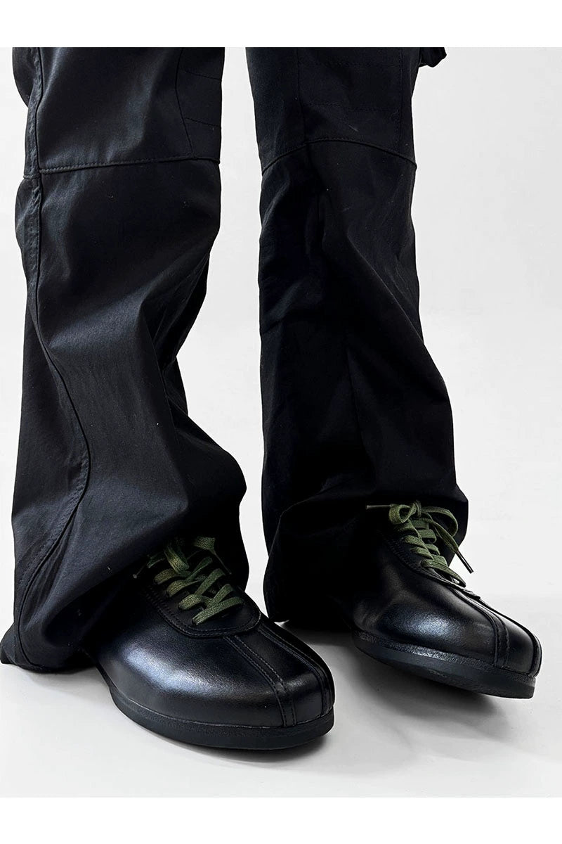Black Split-Toe Derby Shoes with Green Laces