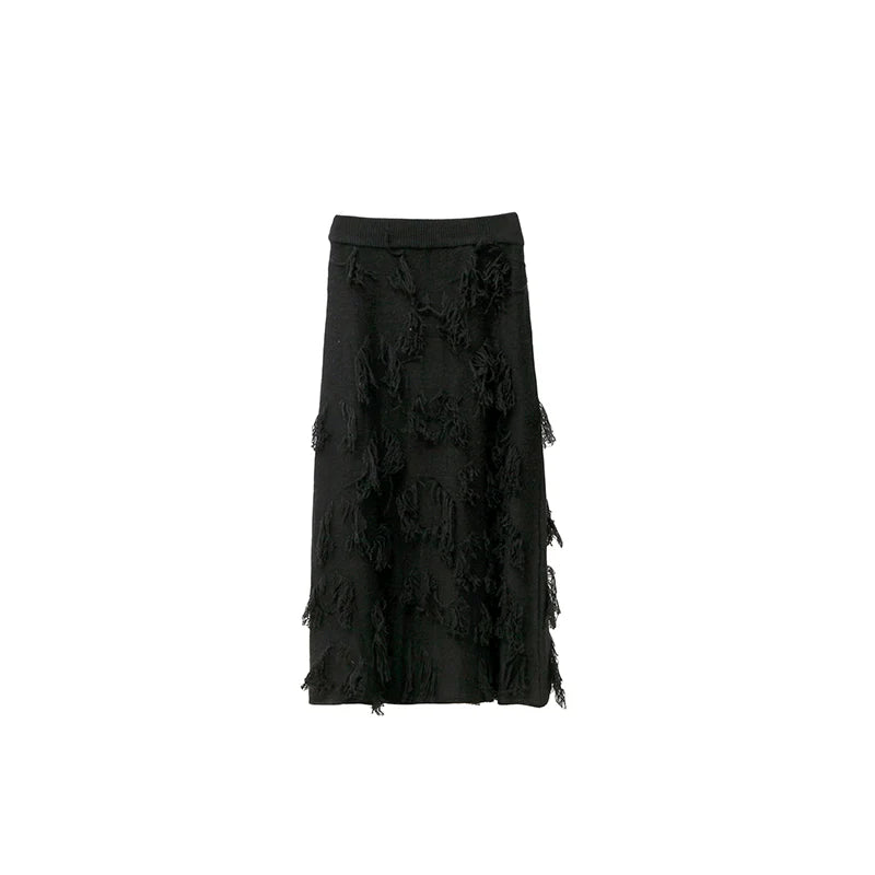 Red Distressed Midi Rock mit ausgefranster Textur