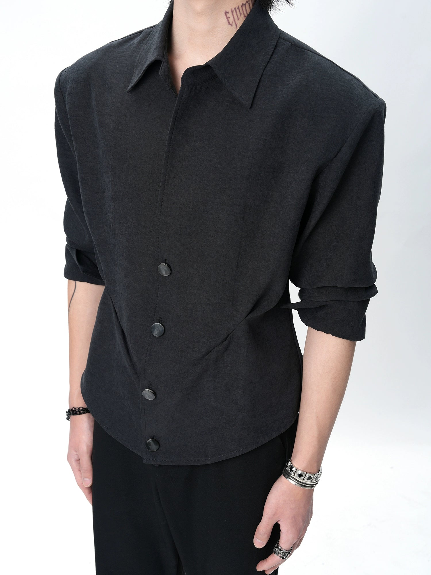Black Sculpted Waist Button-Up Shirt