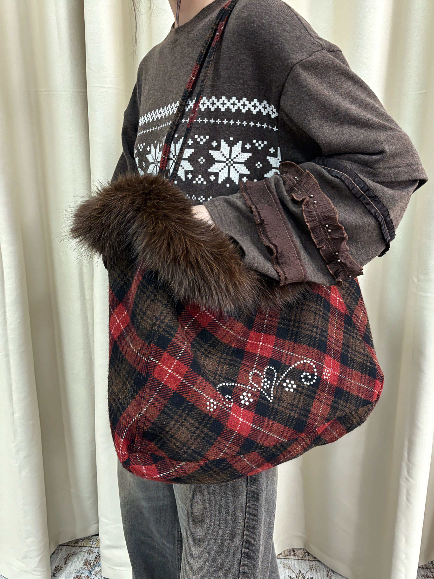 Faux-Fur Plaid Oversized Tote - view 2