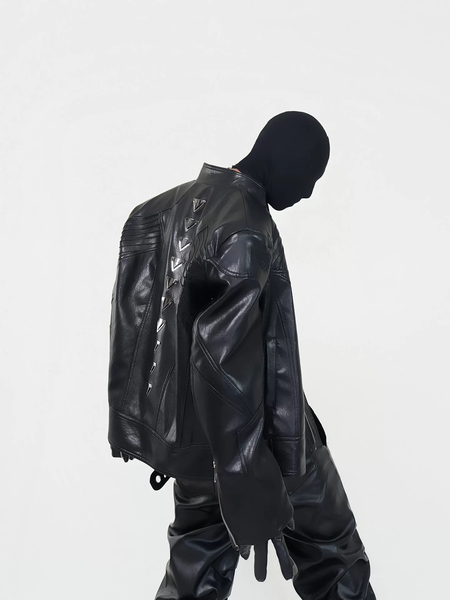 Vortex Spine Pyramid‑Stud PU Leather Jacket