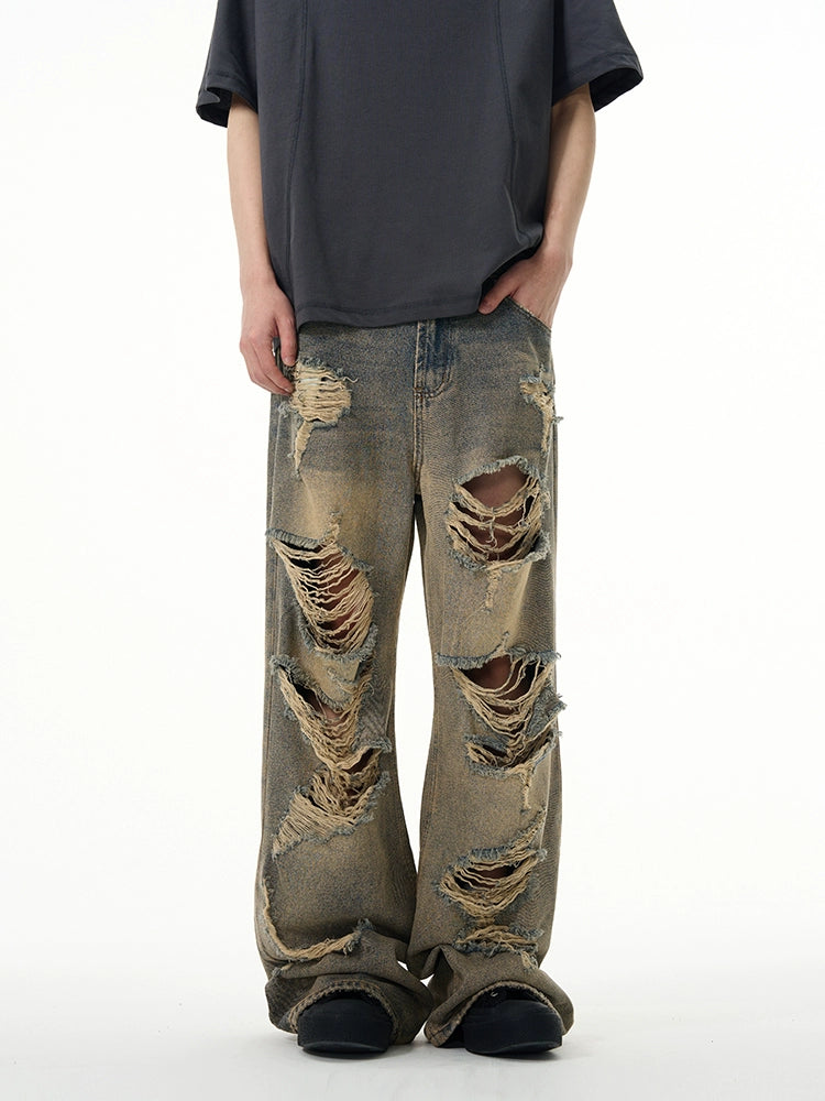 All-Over Distressed Wide-Leg Ripped Jeans