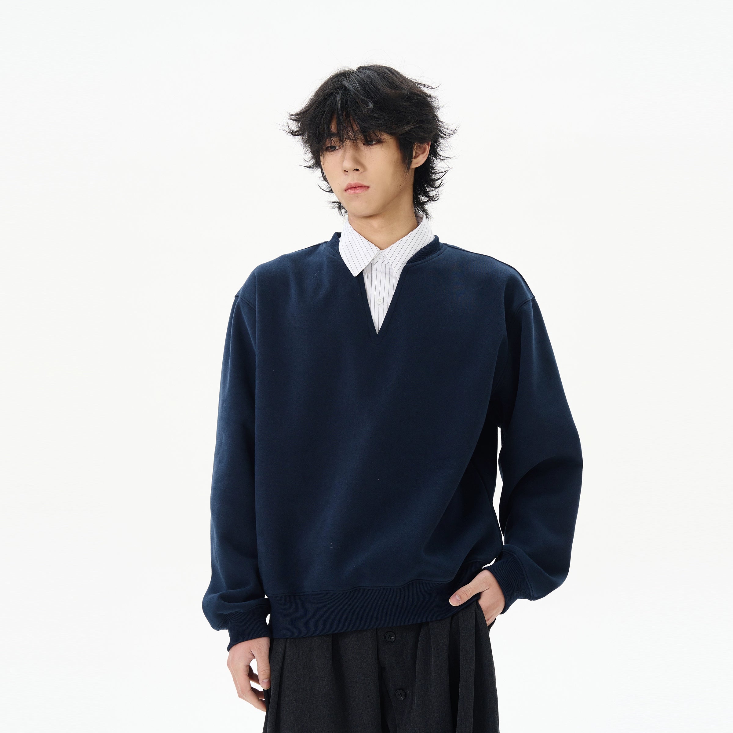 Navy Notch-Neck Sweatshirt