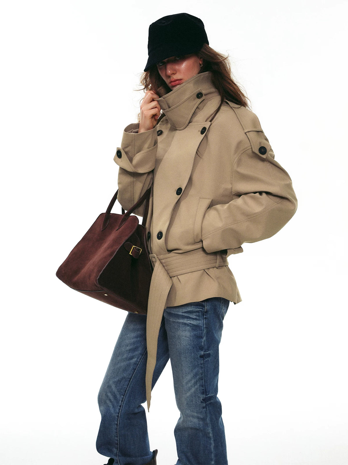 Draped Collar Belted Trench Jacket