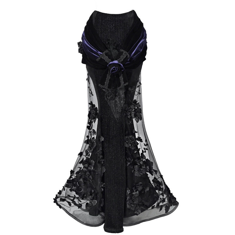 Gothic Black Velvet and Sheer Floral Mermaid Skirt