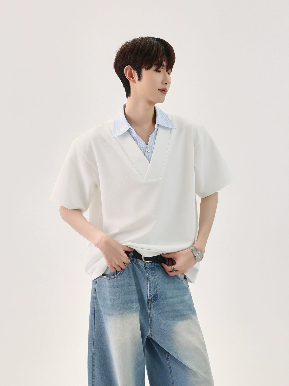 T-shirt with Faux Layered Blue Striped Shirt Collar and Placket
