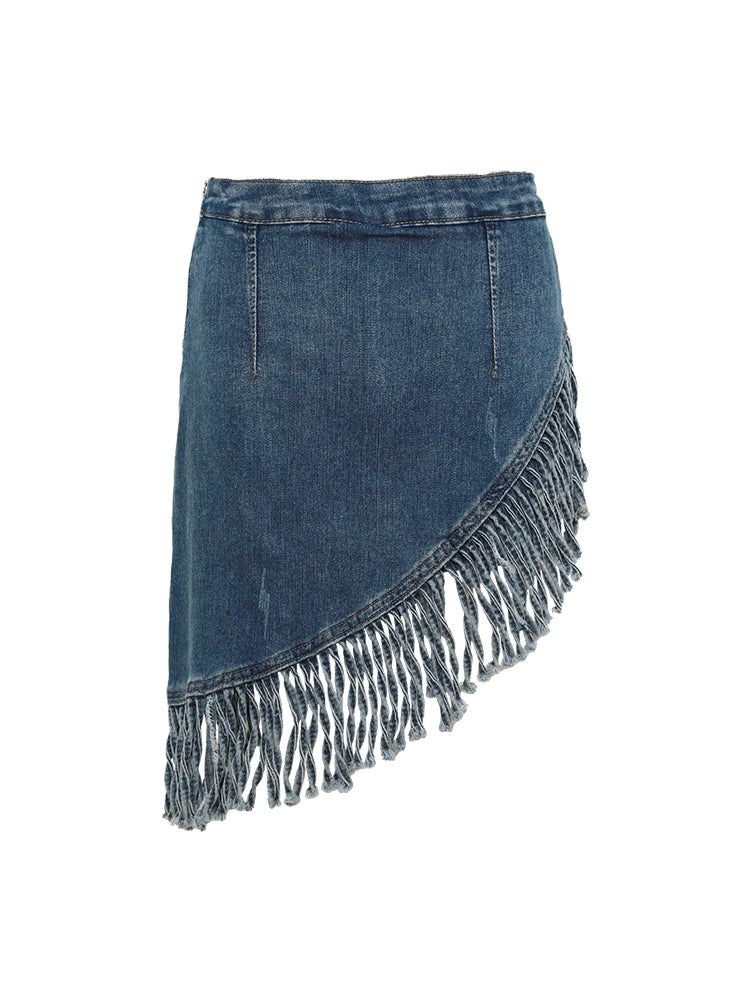 Asymmetrical Fringe Denim Skirt