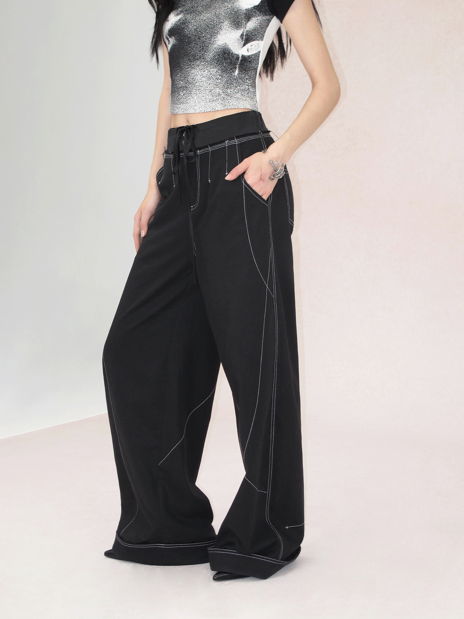 Black Contrast Stitch Wide Leg Pants
