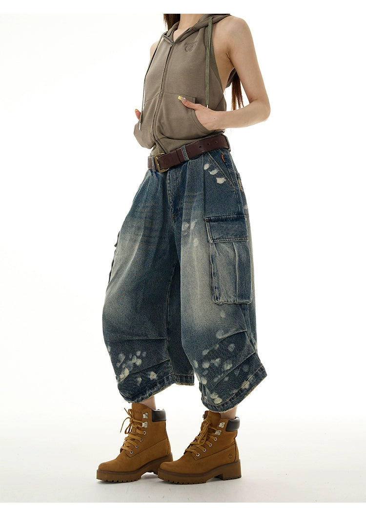 Bleached Wide-Leg Denim Cargo Shorts