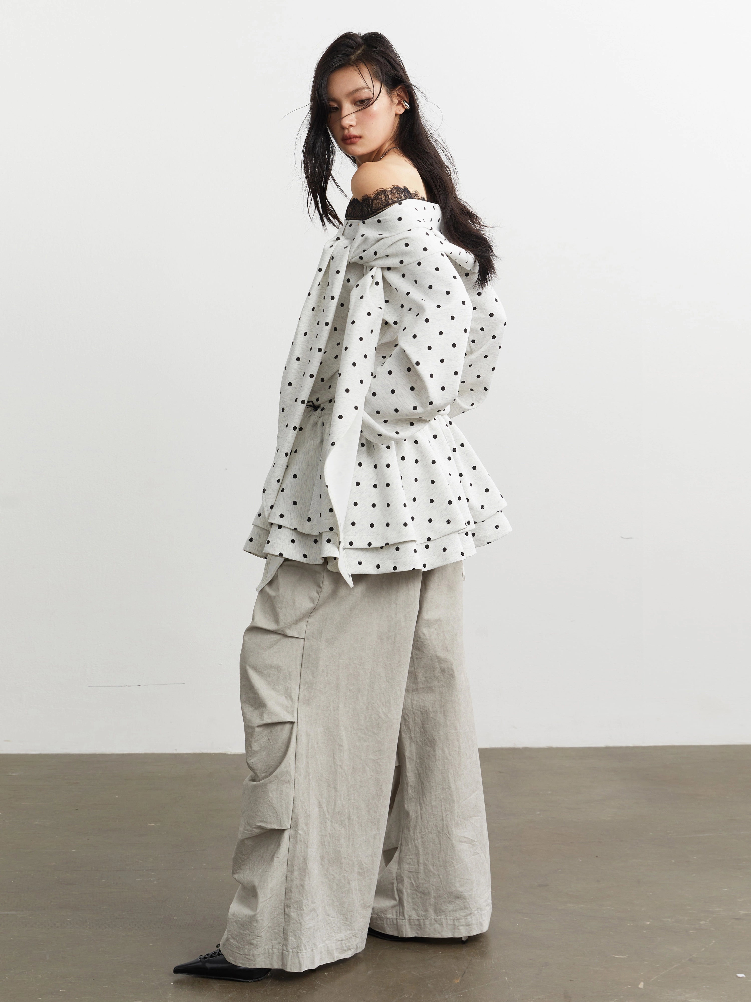 Polka Lace Off-Shoulder Peplum Top and Skirt Setup