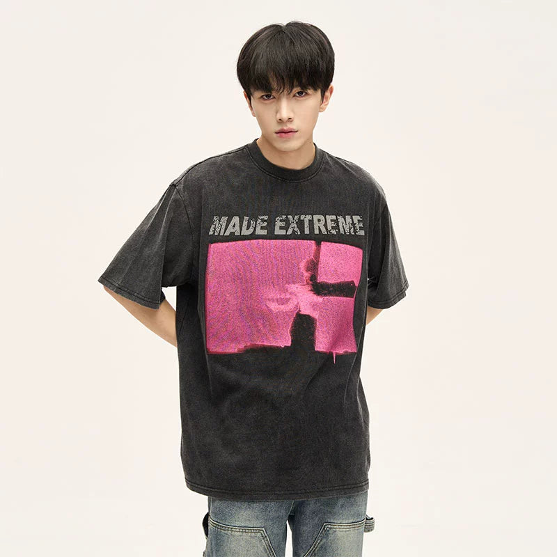 Acid Wash Graphic T-Shirt with Pink Print