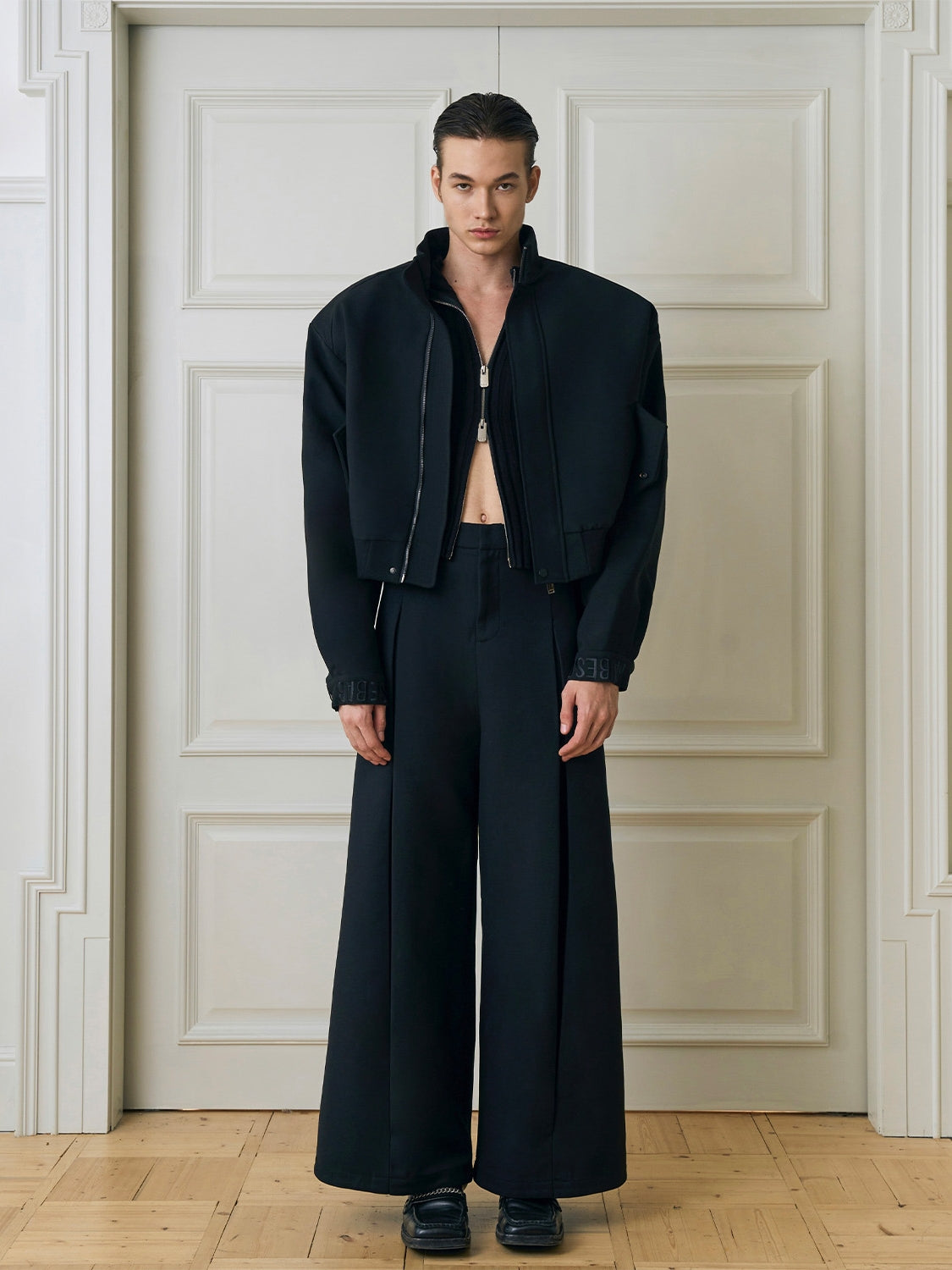 Deconstructed Black Wide-Leg Pleated Trousers