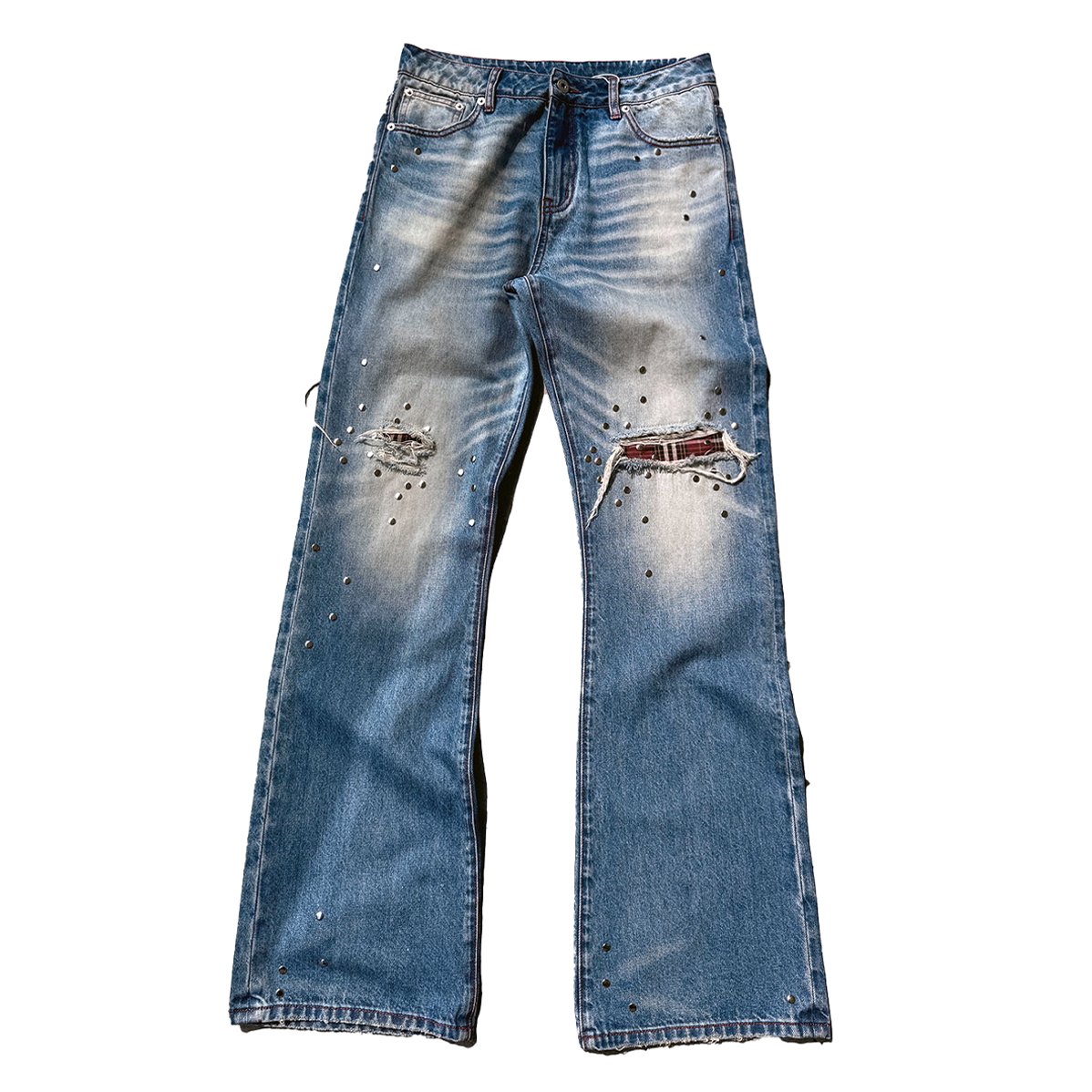 Studded Plaid‑Patch Light Wash Street Jeans