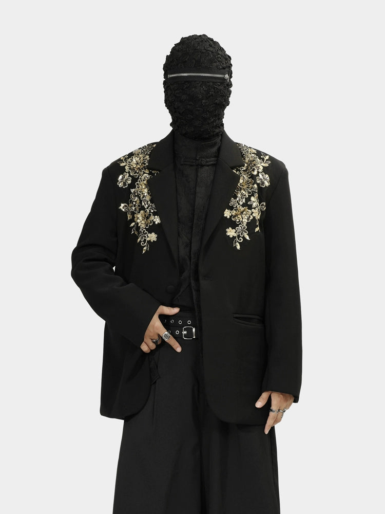 Black Blazer with Gold Floral Embroidery on Lapels