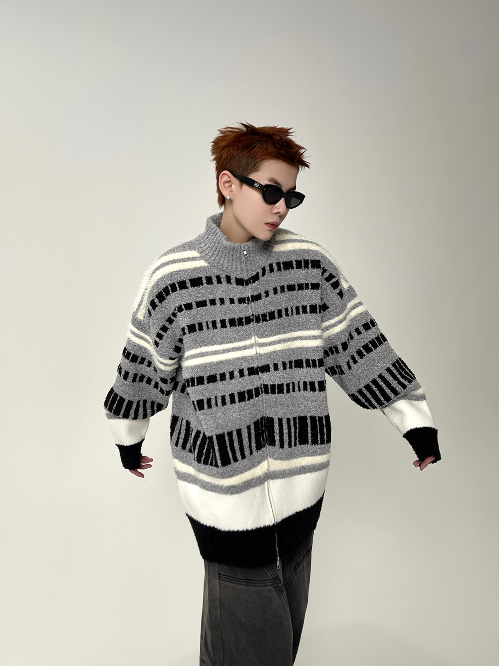 Metro Lines Fuzzy Zip Knit Sweater