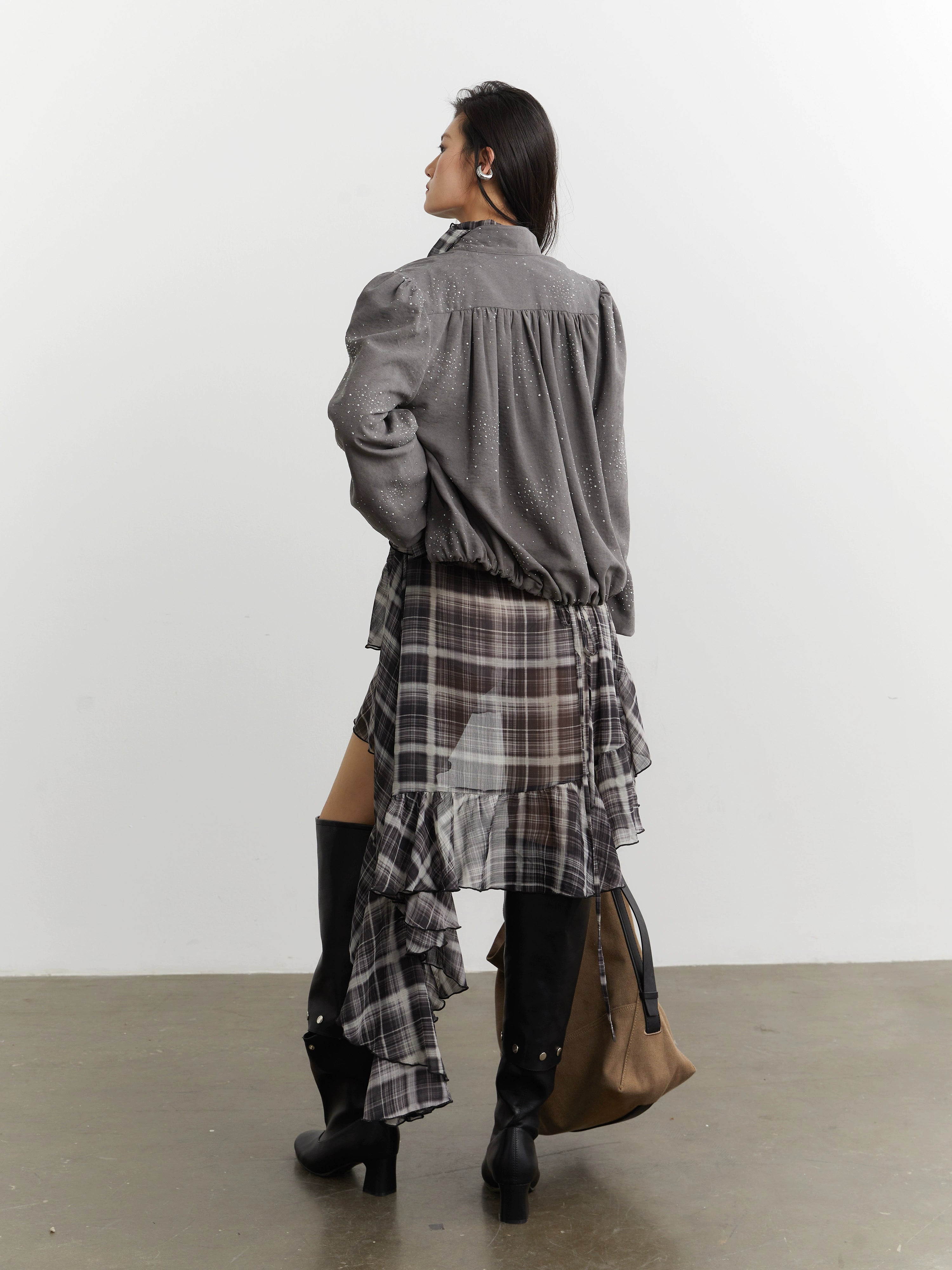 Shadow Cascade Ruffle Plaid Dress