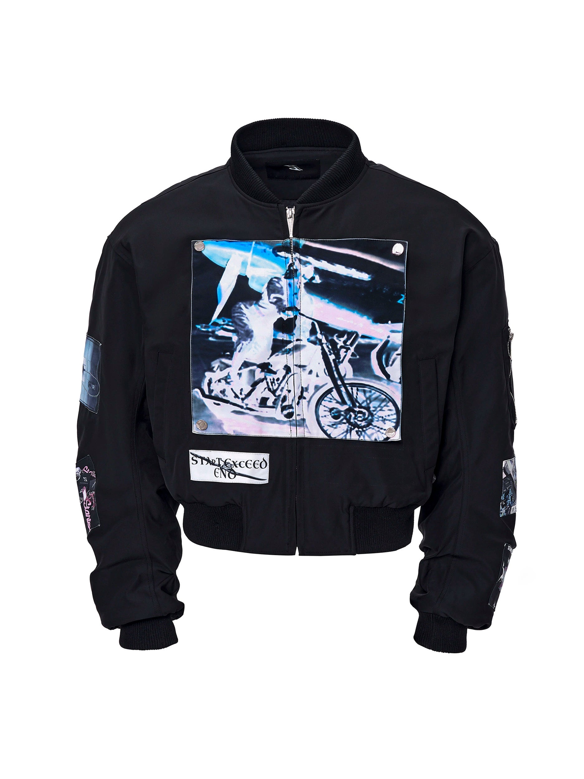 Black Graphic Patch Bomber Jacket