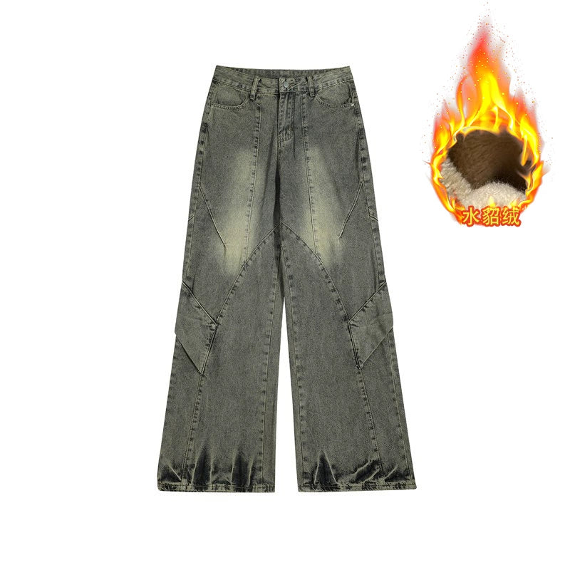 Diagonal Panel Wide Leg Jeans