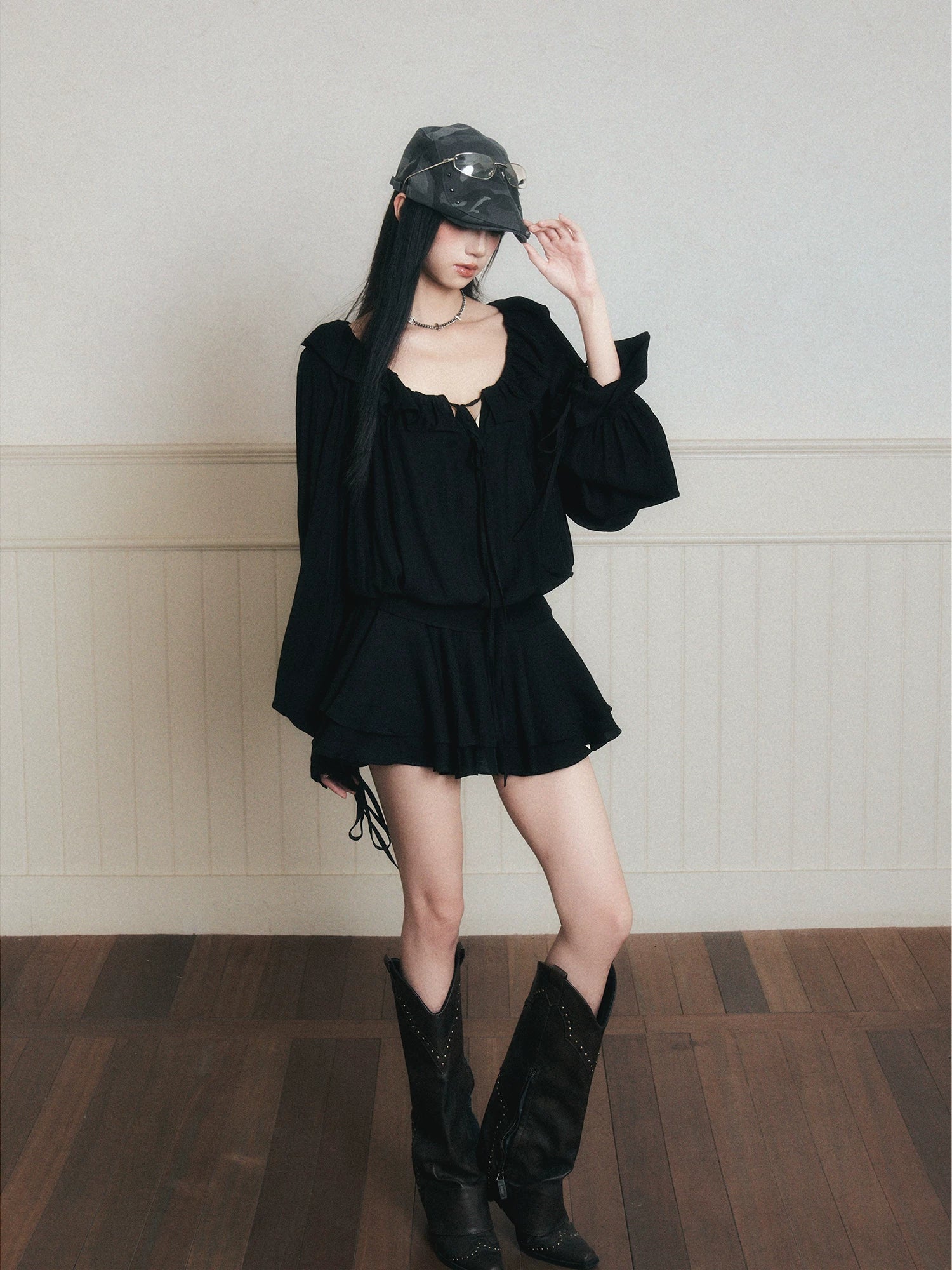 poet mini dress Midnight Ruffle Black / XS Made in the U.S.A. Size:17  34/35 Rich Sapphire Blue Ruched Everyday_Linen_Dress