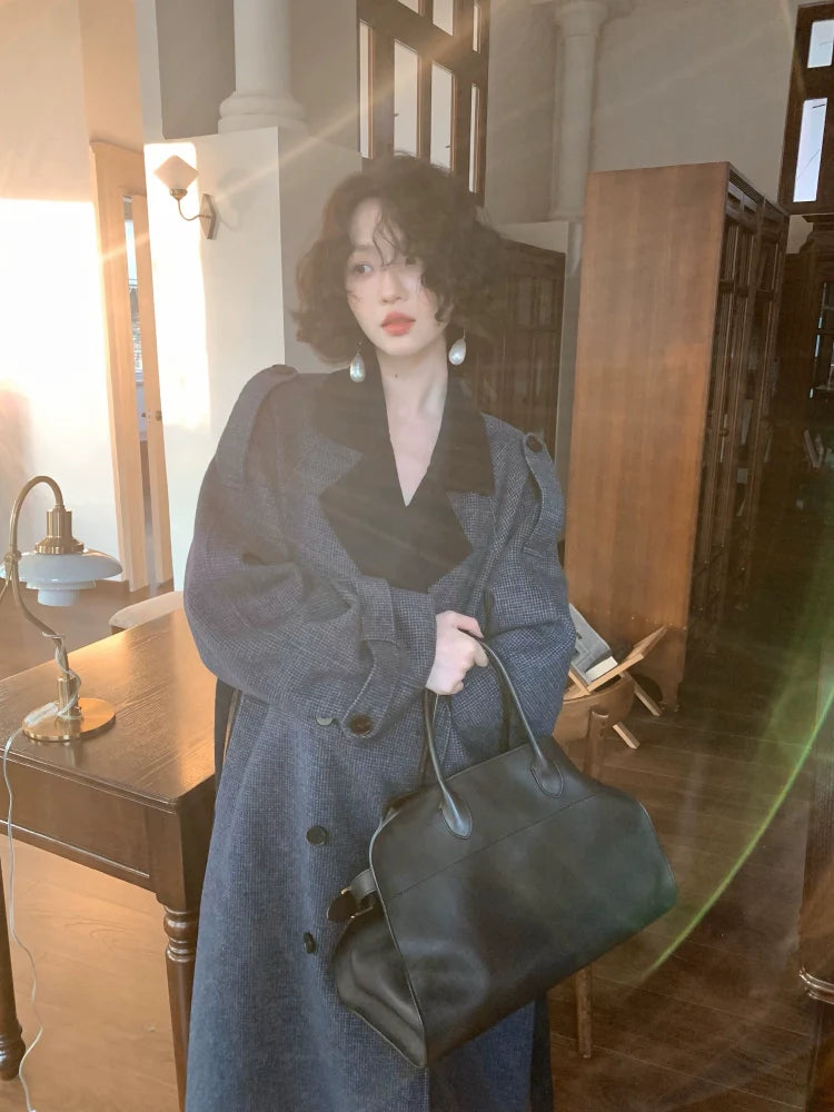 Oversized Double-Breasted Trench Coat with Black Lapels