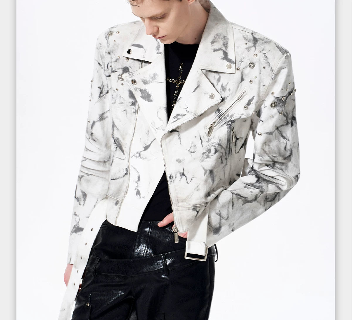 Marble Storm Cropped Moto Jacket