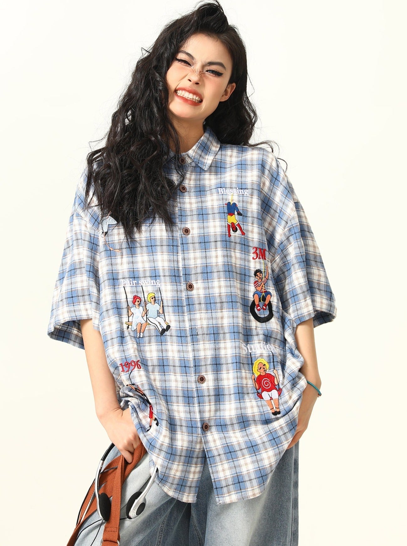 Camisa de botones a cuadros de dibujos a cuadros juguetones