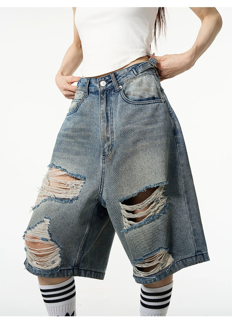 Distressed Ripped Denim Bermuda Shorts