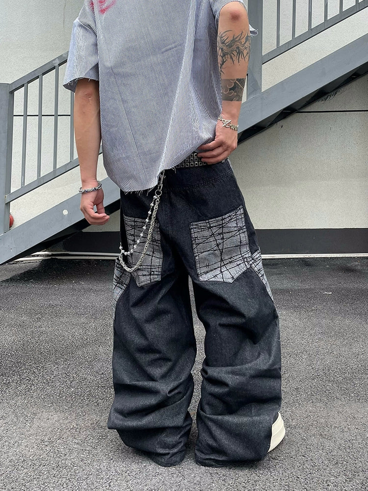 Abstract Patchwork Pocket Wide-Leg Jeans