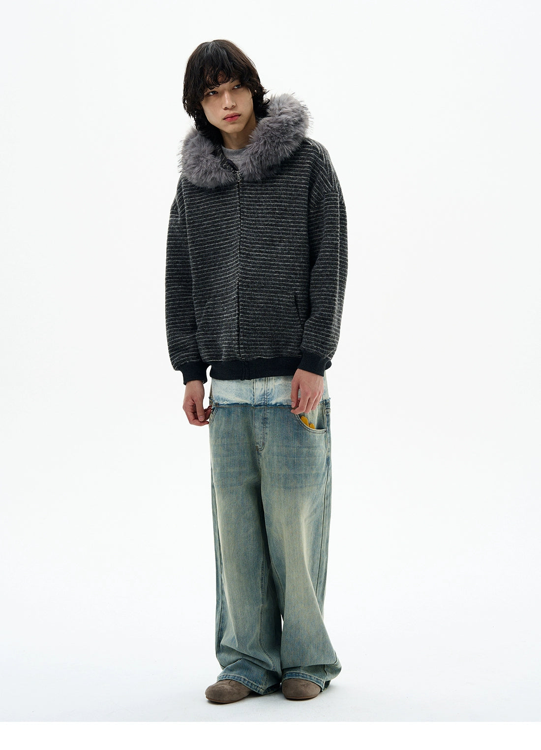 Striped Faux Fur Collar Zip Hoodie