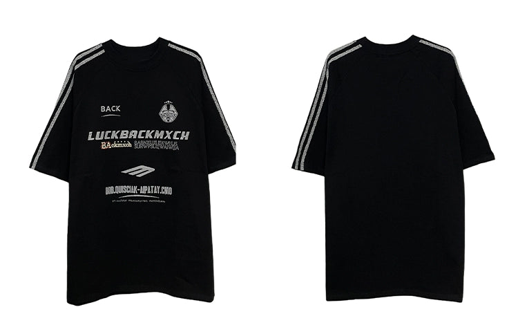 Oversized Graphic T-Shirt with White Stripe Sleeves