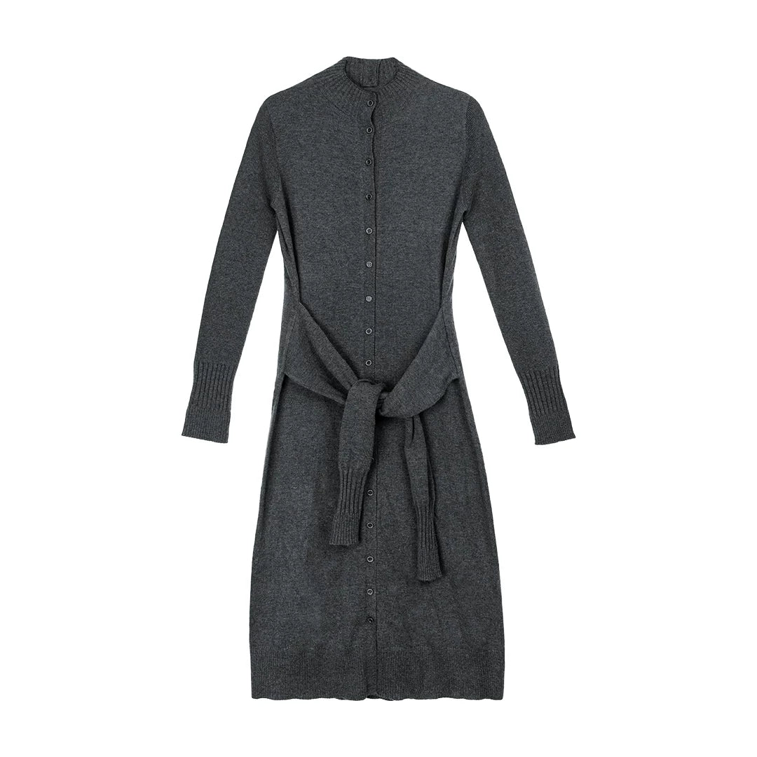 Button-Front Knit Midi Dress with Waist Tie