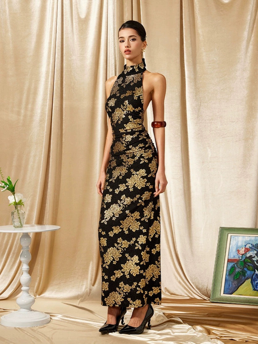 Modern Cheongsam with Gold Print Halter Evening Dress