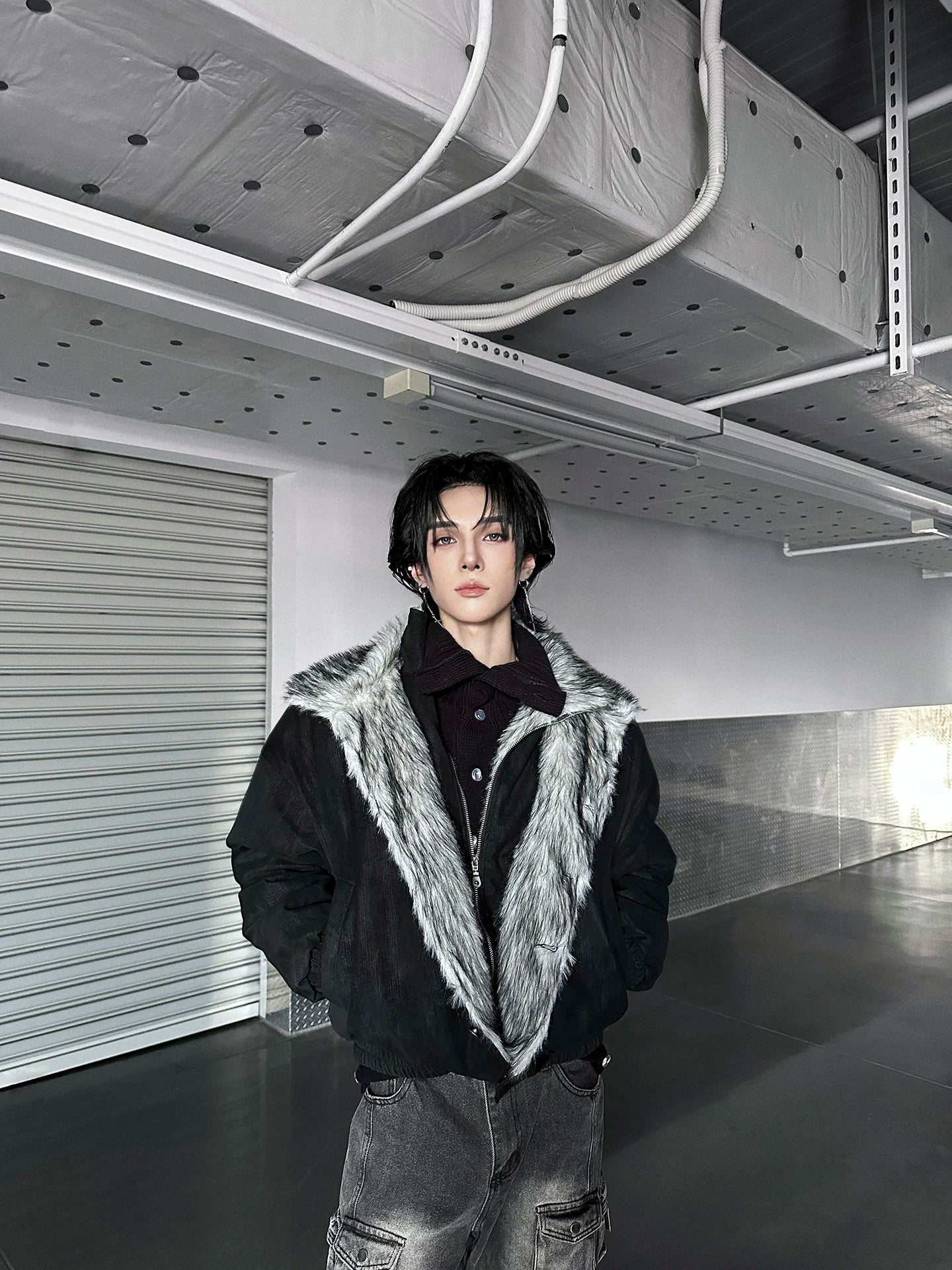 Frostbite V-Line Wolf-Fur Bomber Jacket