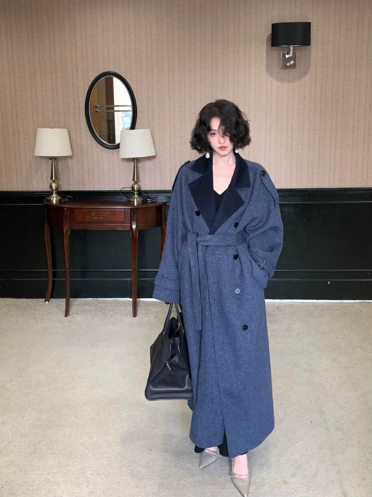Oversized Double-Breasted Trench Coat with Black Lapels