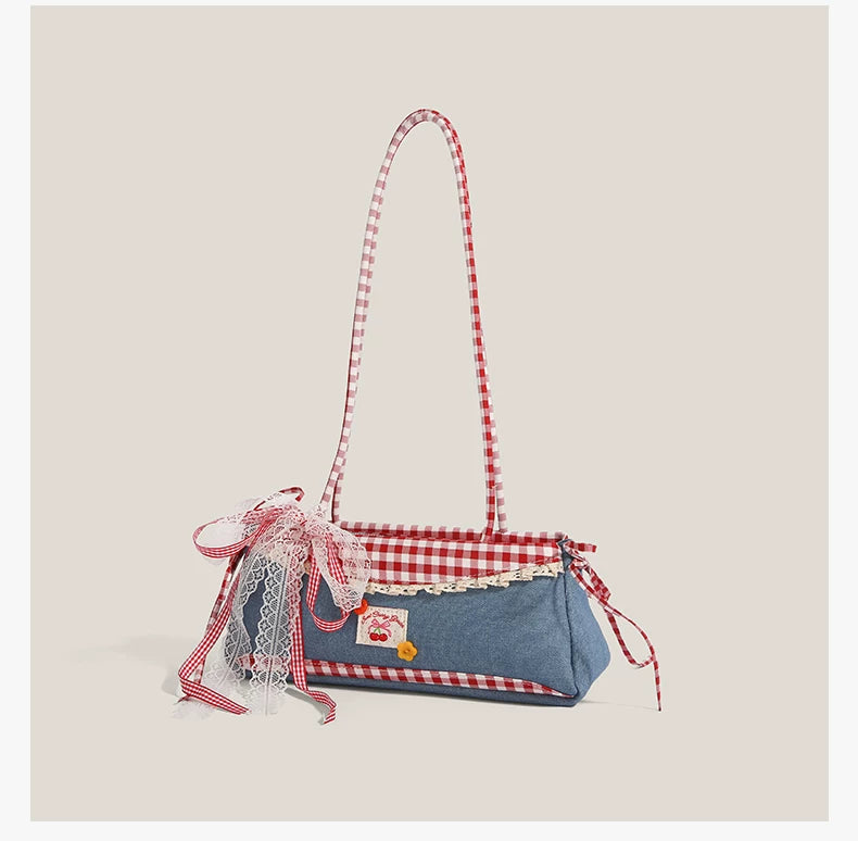 Gingham Picnic Lace Baguette Bag
