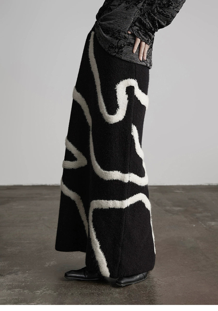 White Striped Black Knit Straight Skirt