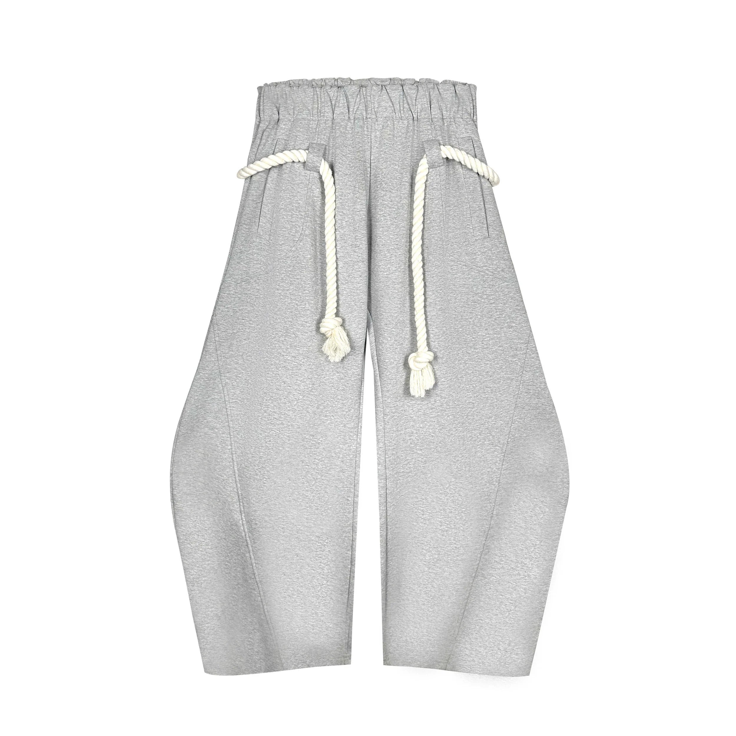 Gray Wide-Leg Sweatpants with Rope Drawstring