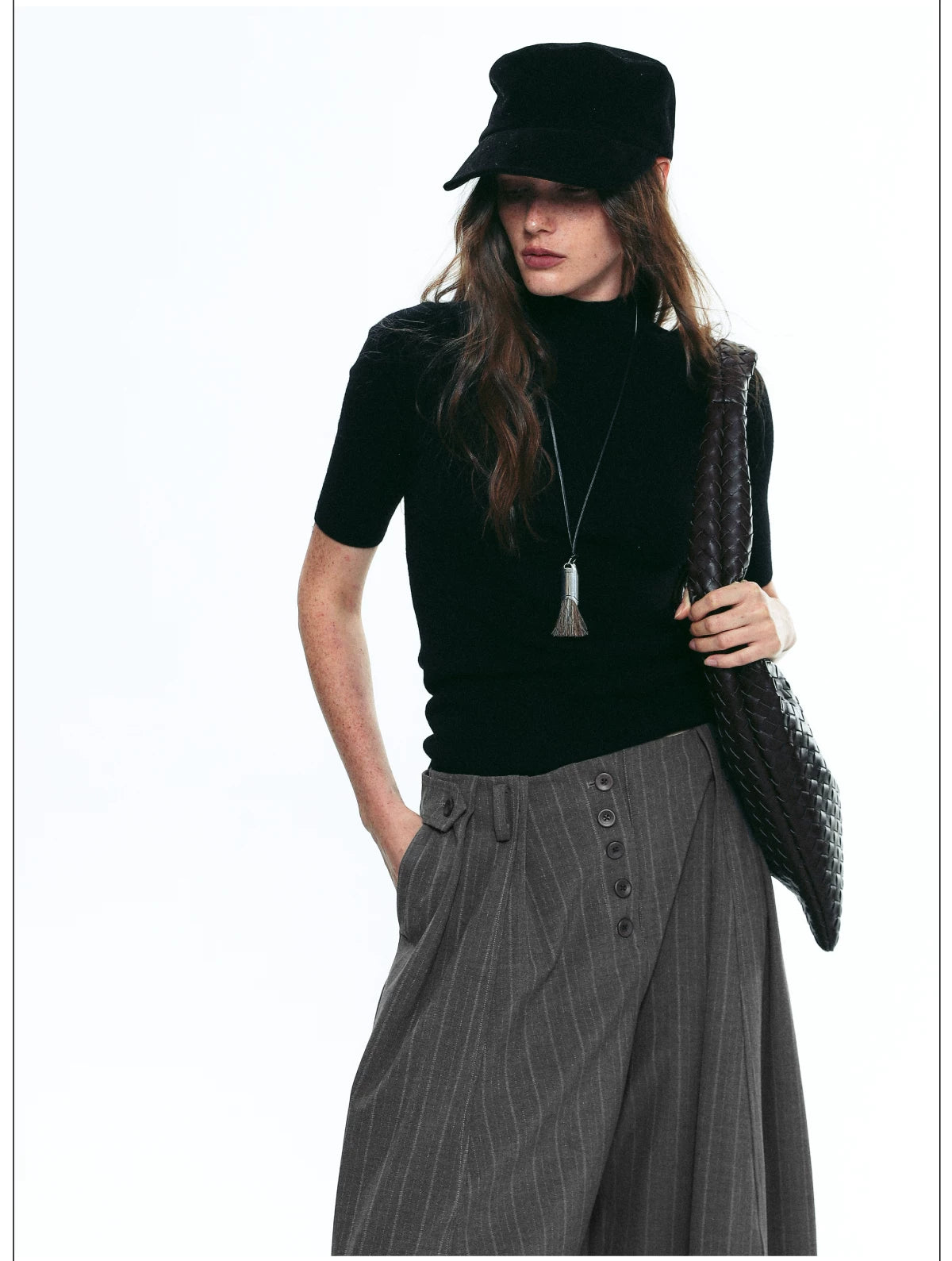 Exposed Button Pinstripe Wide Trousers