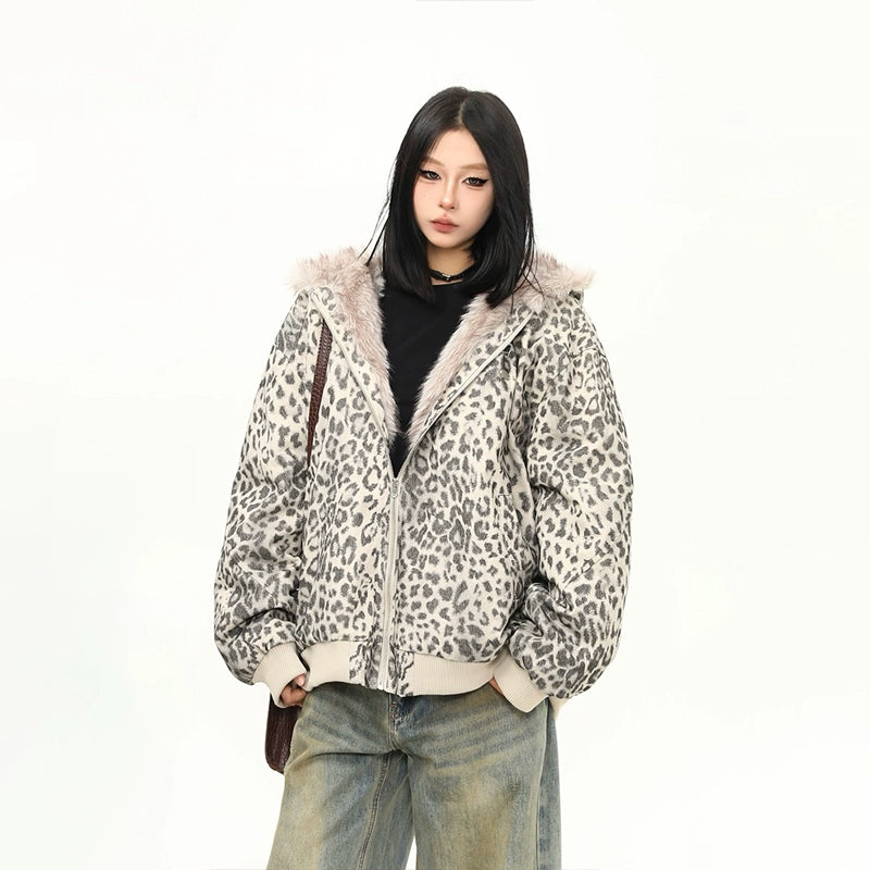 Snow Leopard Plush Zip Hoodie Jacket