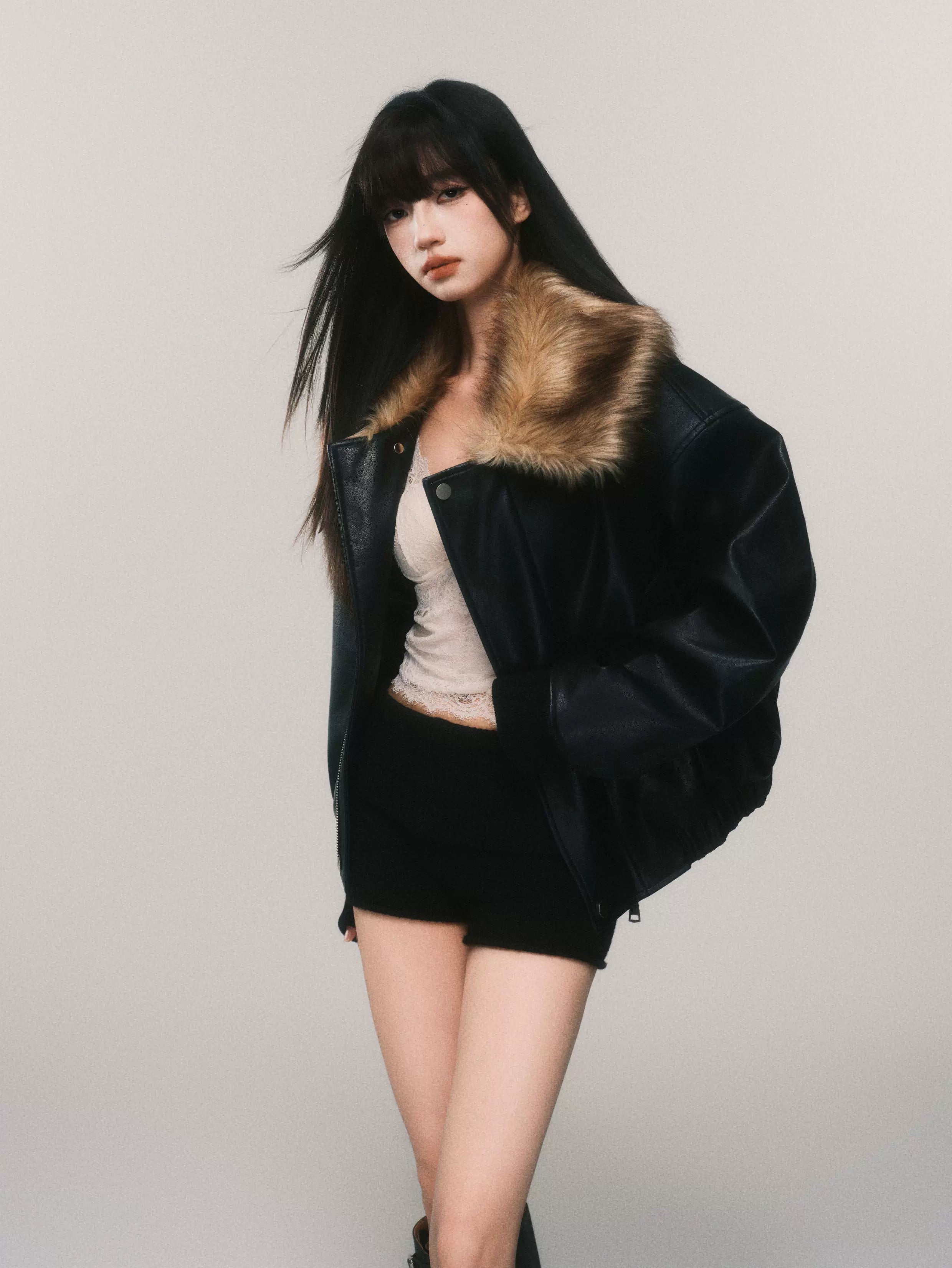 Midnight Aviator Faux‑Fur Bomber Jacket